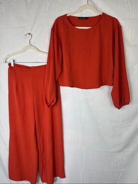 Orange Two-Piece Wide-Leg Pants & Cropped Top Set